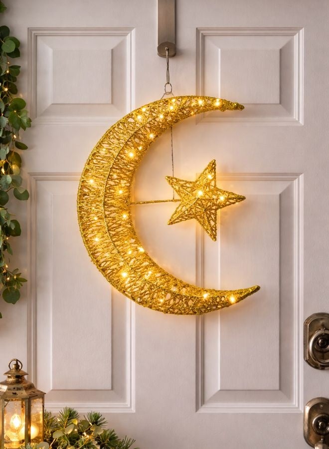 زينة رمضان هلال ونجمة بإضاءة LED – تعمل بالبطارية (30 × 25 سم) - Image 1
